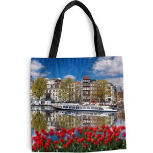MuchoWow® Schoudertas - Strandtas - Big Shopper - Boodschappentas - Amsterdam - Boot - Bloemen - 45x45 cm - Katoenen tas