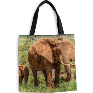 MuchoWow® Schoudertas - Strandtas - Big Shopper - Boodschappentas - Baby olifant met zijn moeder in het gras - 45x45 cm - Katoenen tas