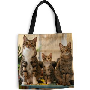 MuchoWow® Schoudertas - Strandtas - Big Shopper - Boodschappentas - Drie katten op kleine tafel - 40x40 cm - Katoenen tas