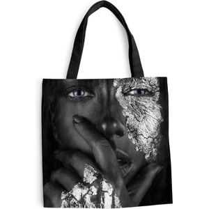 MuchoWow® Schoudertas - Strandtas - Big Shopper - Boodschappentas - Vrouw - Zilver - Zwart - Blauw - 45x45 cm - Katoenen tas