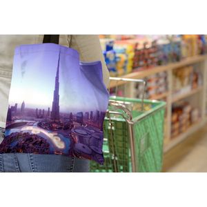 MuchoWow® Schoudertas - Strandtas - Big Shopper - Boodschappentas - Paarse lucht boven de Burj Khalifa - 45x45 cm - Katoenen tas