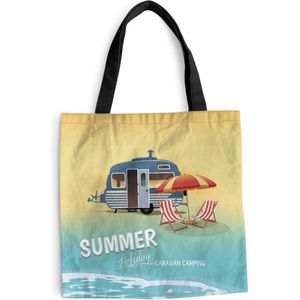 MuchoWow® Schoudertas - Strandtas - Big Shopper - Boodschappentas - Illustratie van een camper op het strand - 40x40 cm - Katoenen tas