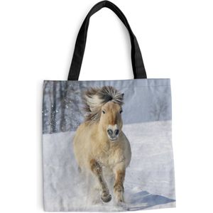 MuchoWow® Schoudertas - Strandtas - Big Shopper - Boodschappentas - Rennend fjord paard in de sneeuw - 45x45 cm - Katoenen tas