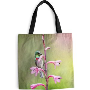 MuchoWow® Schoudertas - Strandtas - Big Shopper - Boodschappentas - Close-up van een kleurrijke vogel op een roze tak met roze bloemen - 40x40 cm - Katoenen tas