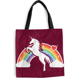 MuchoWow® Schoudertas - Strandtas - Big Shopper - Boodschappentas - Een illustratie van een witte eenhoorn voor een regenboog op een rode achtergrond - Meisjes - Kindje - Kids - 45x45 cm - Katoenen tas