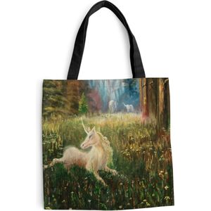 MuchoWow® Schoudertas - Strandtas - Big Shopper - Boodschappentas - Een illustratie van een eenhoorn in een bos - Meisjes - Kinderen - Kids - 40x40 cm - Katoenen tas