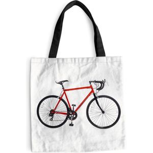 MuchoWow® Schoudertas - Strandtas - Big Shopper - Boodschappentas - Een rode racefiets tegen een witte achtergrond. - 45x45 cm - Katoenen tas