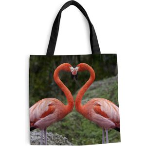 MuchoWow® Schoudertas - Strandtas - Big Shopper - Boodschappentas - Twee flamingo's vormen een hart - 45x45 cm - Katoenen tas