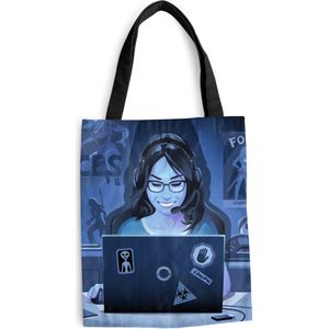 MuchoWow® Schoudertas - Strandtas - Big Shopper - Boodschappentas - Vrouw - Gamen - Laptop - Illustratie - 40x50 cm - Katoenen tas