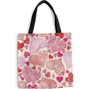MuchoWow® Schoudertas - Strandtas - Big Shopper - Boodschappentas - Een illustratie met roze en rode hartjes - 40x40 cm - Katoenen tas