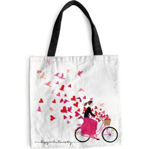 MuchoWow® Schoudertas - Strandtas - Big Shopper - Boodschappentas - Een illustratie van een vrouw op de fiets met een mand vol hartjes - 45x45 cm - Katoenen tas