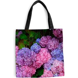 MuchoWow® Schoudertas - Strandtas - Big Shopper - Boodschappentas - Roze en blauwe hortensia - 45x45 cm - Katoenen tas