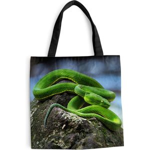 MuchoWow® Schoudertas - Strandtas - Big Shopper - Boodschappentas - Groene slang op steen - 45x45 cm - Katoenen tas