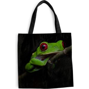 MuchoWow® Schoudertas - Strandtas - Big Shopper - Boodschappentas - Roodoogmakikikker op zwarte achtergrond - 40x40 cm - Katoenen tas