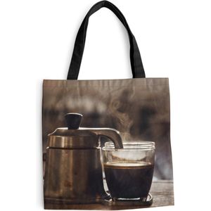 MuchoWow® Schoudertas - Strandtas - Big Shopper - Boodschappentas - Een kleine koffiepot met twee koppen koffie - 40x40 cm - Katoenen tas
