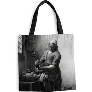 MuchoWow® Schoudertas - Strandtas - Big Shopper - Boodschappentas - Het melkmeisje - Schilderij van Johannes Vermeer - zwart wit - 45x45 cm - Katoenen tas