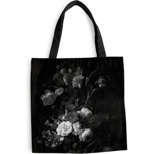 MuchoWow® Schoudertas - Strandtas - Big Shopper - Boodschappentas - Vaas met bloemen - Schilderij van Rachel Ruysch - zwart wit - 45x45 cm - Katoenen tas