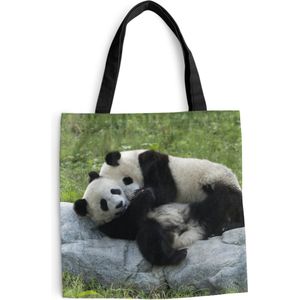 MuchoWow® Schoudertas - Strandtas - Big Shopper - Boodschappentas - Pandas - Gras - Steen - 45x45 cm - Katoenen tas