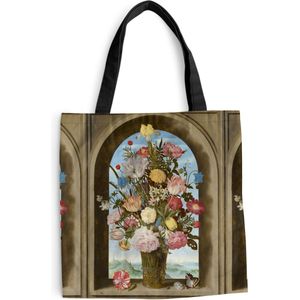 MuchoWow® Schoudertas - Strandtas - Big Shopper - Boodschappentas - Vaas met bloemen in een venster - Schilderij van Ambrosius Bosschaert de Oude - 45x45 cm - Katoenen tas