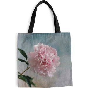 MuchoWow® Schoudertas - Strandtas - Big Shopper - Boodschappentas - Roze pioenroos bij een grijze achtergrond - 40x40 cm - Katoenen tas