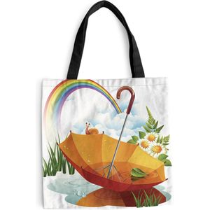 MuchoWow® Schoudertas - Strandtas - Big Shopper - Boodschappentas - Een illustratie van een oranje paraplu onder een regenboog - 40x40 cm - Katoenen tas