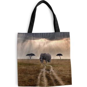 MuchoWow® Schoudertas - Strandtas - Big Shopper - Boodschappentas - Olifant - Dieren - Grasvlakte - Zon - 40x40 cm - Katoenen tas