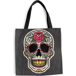 MuchoWow® Schoudertas - Strandtas - Big Shopper - Boodschappentas - Een kleurrijke illustratie van een Dias De Los Muertos schedel - 45x45 cm - Katoenen tas