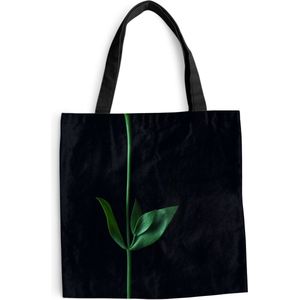 MuchoWow® Schoudertas - Strandtas - Big Shopper - Boodschappentas - Een groene stengel met twee bladeren tegen een zwarte achtergrond - 40x40 cm - Katoenen tas