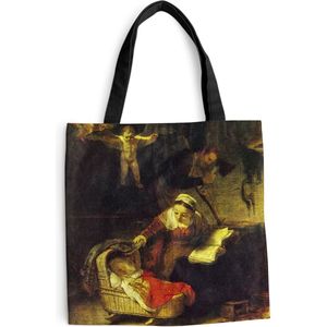 MuchoWow® Schoudertas - Strandtas - Big Shopper - Boodschappentas - Het wiegje van wilgentenen - Schilderij van Rembrandt van Rijn - 40x40 cm - Katoenen tas