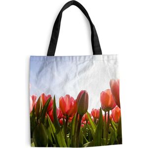 MuchoWow® Schoudertas - Strandtas - Big Shopper - Boodschappentas - Rode tulpen en het zonlicht - 40x40 cm - Katoenen tas