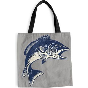 MuchoWow® Schoudertas - Strandtas - Big Shopper - Boodschappentas - Illustratie van een vis op een grijze achtergrond - 40x40 cm - Katoenen tas