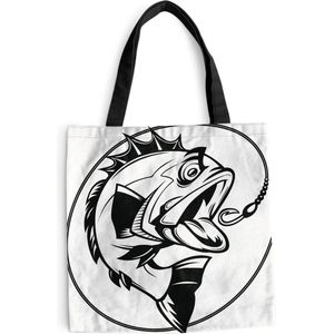 MuchoWow® Schoudertas - Strandtas - Big Shopper - Boodschappentas - Een cartoon illustratie van een vis bij een haak - 40x40 cm - Katoenen tas