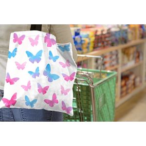 MuchoWow® Schoudertas - Strandtas - Big Shopper - Boodschappentas - Een illustratie van roze met blauwe vlinders - 40x40 cm - Katoenen tas