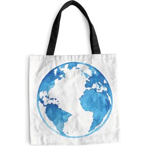 MuchoWow® Schoudertas - Strandtas - Big Shopper - Boodschappentas - Waterverf - Globe - Blauw - 40x40 cm - Katoenen tas