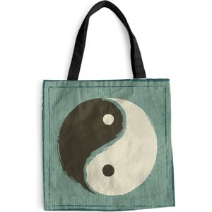 MuchoWow® Schoudertas - Strandtas - Big Shopper - Boodschappentas - Een illustratie van Yin en Yang tegen een blauwe achtergrond - 45x45 cm - Katoenen tas
