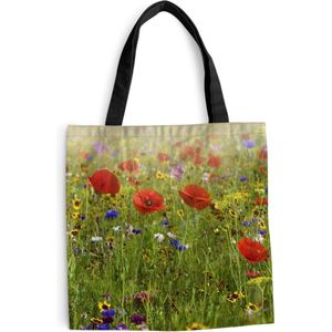 MuchoWow® Schoudertas - Strandtas - Big Shopper - Boodschappentas - Lente - Bloemen - Rood - Klaproos - Gras - Groen - 45x45 cm - Katoenen tas