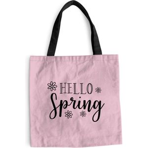 MuchoWow® Schoudertas - Strandtas - Big Shopper - Boodschappentas - Lente quote ""Hello Spring"" op een roze achtergrond - 40x40 cm - Katoenen tas