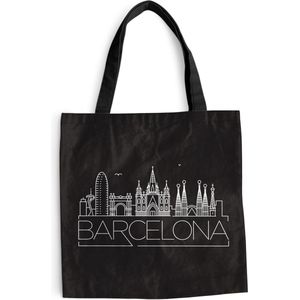 MuchoWow® Schoudertas - Strandtas - Big Shopper - Boodschappentas - Skyline ""Barcelona"" wit op zwart - 45x45 cm - Katoenen tas