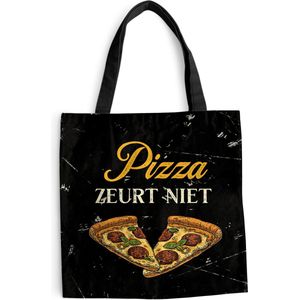 MuchoWow® Schoudertas - Strandtas - Big Shopper - Boodschappentas - Pizza - Quotes - Zwart - 40x40 cm - Katoenen tas - Cadeau voor vrouw - Cadeau voor man