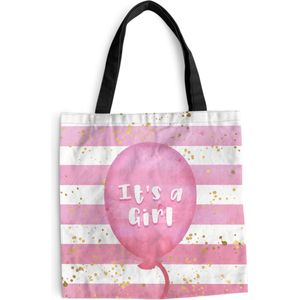 MuchoWow® Schoudertas - Strandtas - Big Shopper - Boodschappentas - Gender reveal - Ballon - Goud - Meisje - Geboorte - It's a girl - Spreuken - 40x40 cm - Katoenen tas
