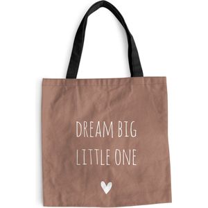 MuchoWow® Schoudertas - Strandtas - Big Shopper - Boodschappentas - Engelse quote ""Dream big little one"" met een hartje op een bruine achtergrond - 45x45 cm - Katoenen tas