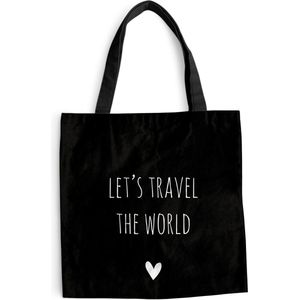 MuchoWow® Schoudertas - Strandtas - Big Shopper - Boodschappentas - Engelse quote ""Let's travel the world"" met een hartje op een zwarte achtergrond - 40x40 cm - Katoenen tas