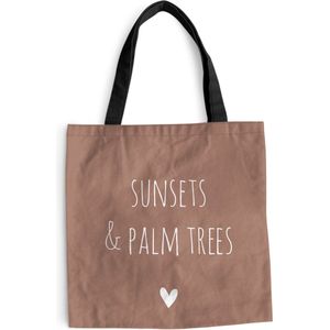 MuchoWow® Schoudertas - Strandtas - Big Shopper - Boodschappentas - Engelse quote ""Sunset & palm trees"" met een hartje tegen een bruine achtergrond - 40x40 cm - Katoenen tas