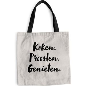 MuchoWow® Schoudertas - Strandtas - Big Shopper - Boodschappentas - Koken. proosten. genieten. - Quote - Taupe - 40x40 cm - Katoenen tas