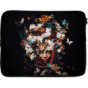 Laptophoes 17 inch - Bloemen - Vlinder - Vrouwen - Hoofddoek - Laptop sleeve - Binnenmaat 42,5x30 cm - Zwarte achterkant