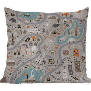 Buitenkussen Weerbestendig - Auto - Kinderen - Stad - Dieren - 50x50 cm