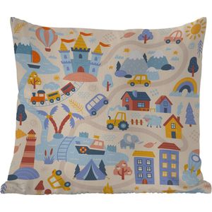 Buitenkussen Weerbestendig - Kinderen - Auto - Kasteel - Wegen - 50x50 cm