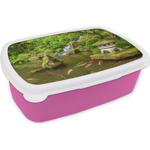 Broodtrommel Roze - Lunchbox - Brooddoos - Waterval - Koi - Japanse lantaarn - Mos - Water - 18x12x6 cm - Kinderen - Meisje