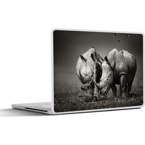 Laptop sticker - 11.6 inch - Neushoorn - Vogel - Dieren - Landschap - Zwart wit - 30x21cm - Laptopstickers - Laptop skin - Cover
