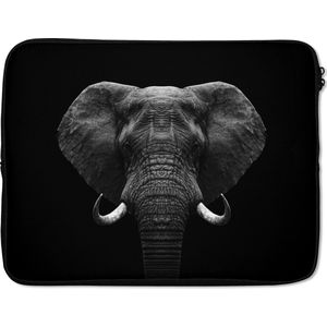 Laptophoes 15.6 inch - Dieren - Olifant - Portret - Zwart - Wit - Laptop sleeve - Binnenmaat 39,5x29,5 cm - Zwarte achterkant